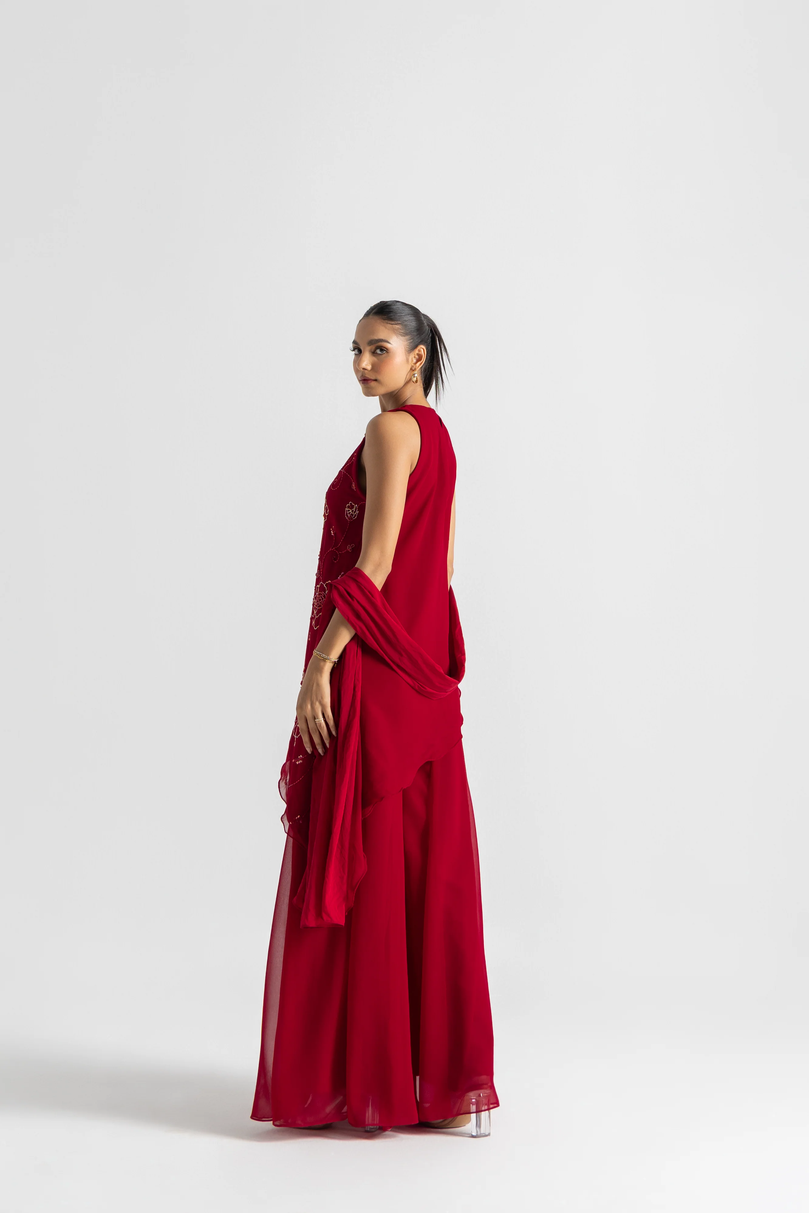 Red Asymmetric Sharara Set - Image 4