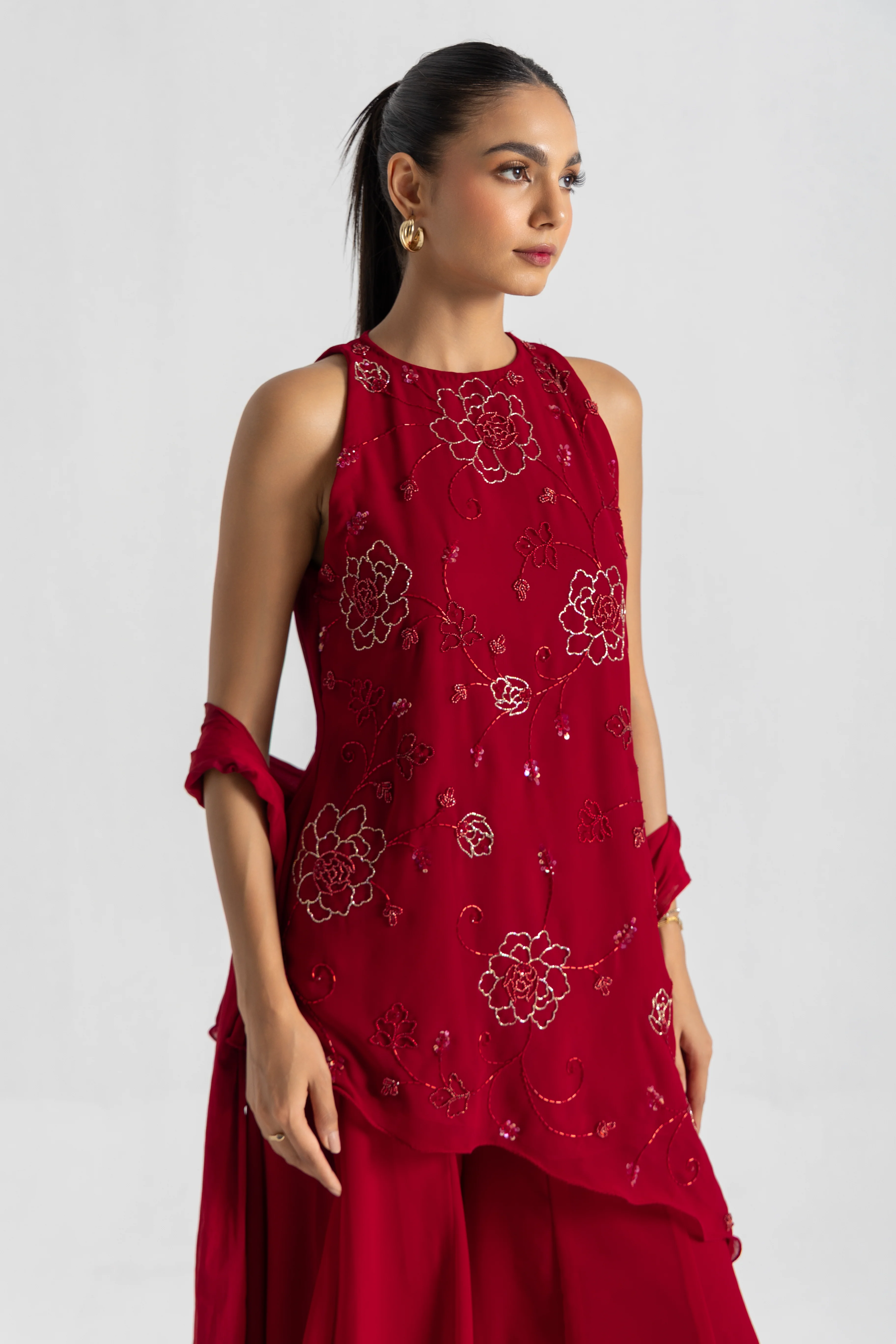 Red Asymmetric Sharara Set - Image 6